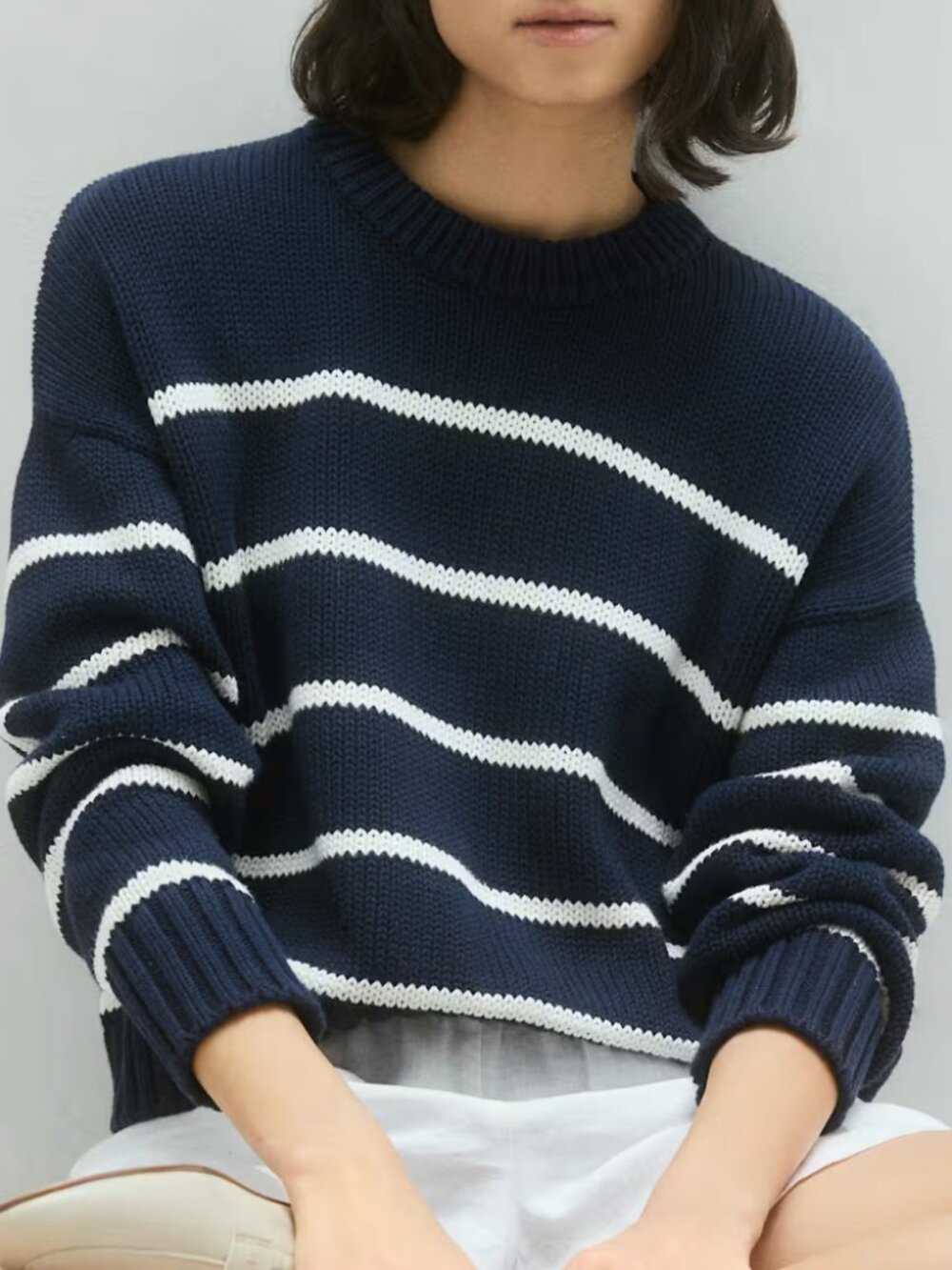 100% Organic Cotton Striped Crew Sweater - in Navy/White